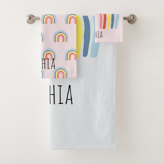 Conjunto De Toalhas Meninas Cute Whimsical Rainbow Cartoon Name (Insitu)