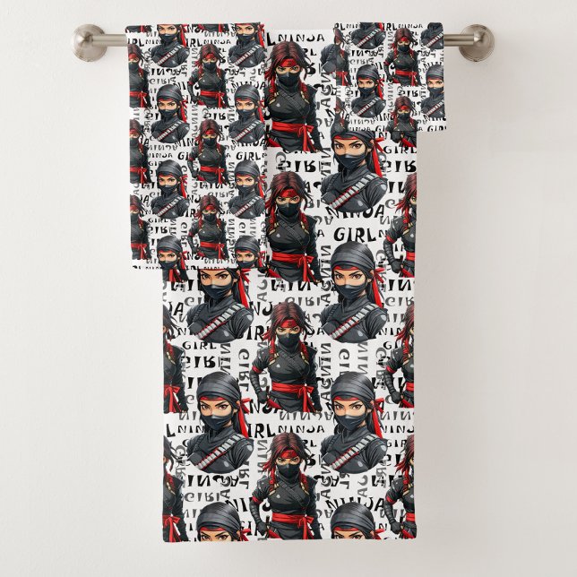 Conjunto De Toalhas Meninas Ninja Anime Com Design De Padrão De Texto (Criador carregado)