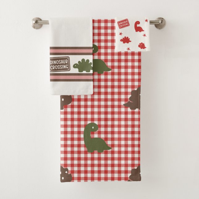 Conjunto De Toalhas Meninos Elegantes Dinossauro Xadrez - Marrom Verde (Insitu)