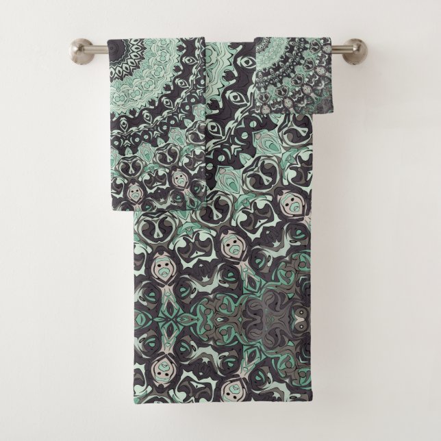 Conjunto De Toalhas Menta Verde e Padrão Mandala Carvão (Insitu)