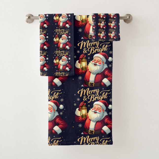 Conjunto De Toalhas Merry Bright Santa Holding Lantern Illustration (Insitu)