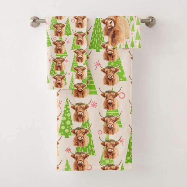 Conjunto De Toalhas Merry Christmas Greenery Highland Miniature Cow (Insitu)