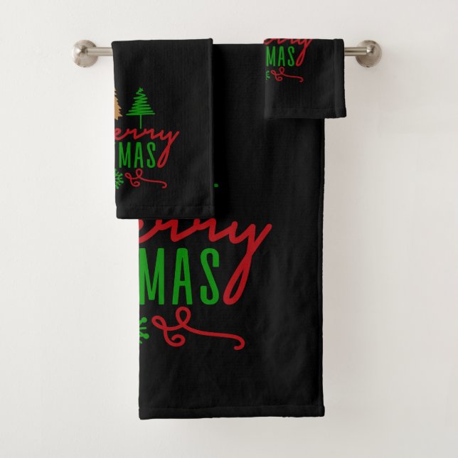 Conjunto De Toalhas Merry Christmas Trees Text On Black (Insitu)