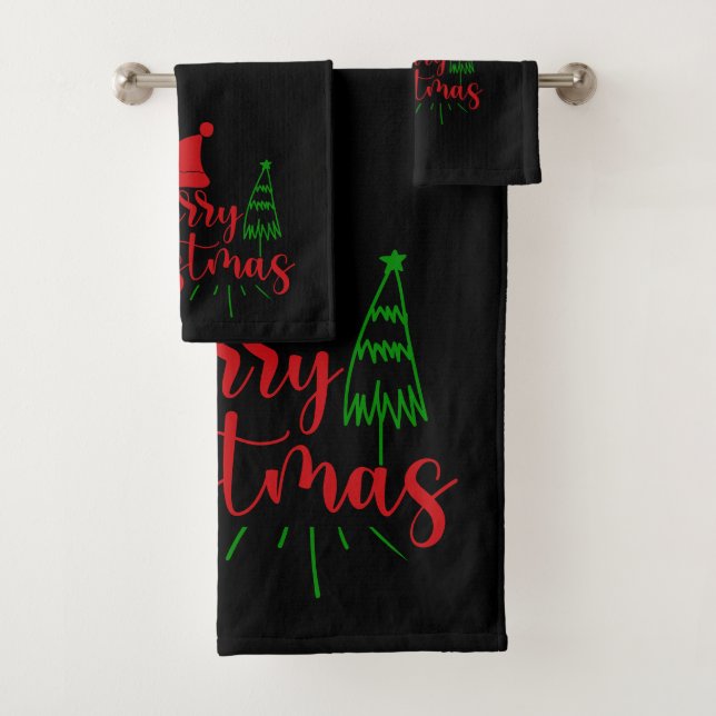 Conjunto De Toalhas Merry Christmas Trees Text On Black (Insitu)