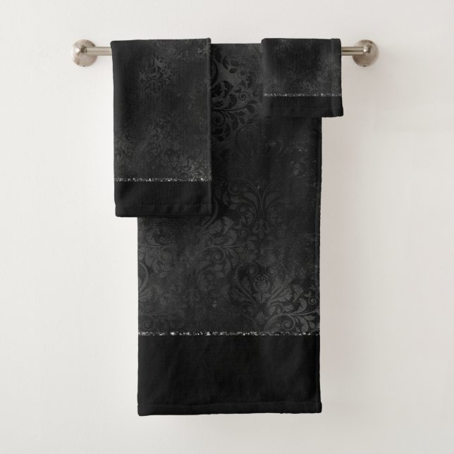 Conjunto De Toalhas Midnight Onyx Romance | Black Satinge Damask (Insitu)