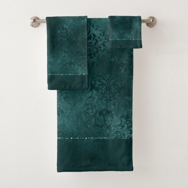 Conjunto De Toalhas Midnight Teal Romance | Dark Satinge Damask (Insitu)