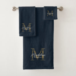 Conjunto De Toalhas Minimalist Script Navy Blue Metallic Gold Monogram
