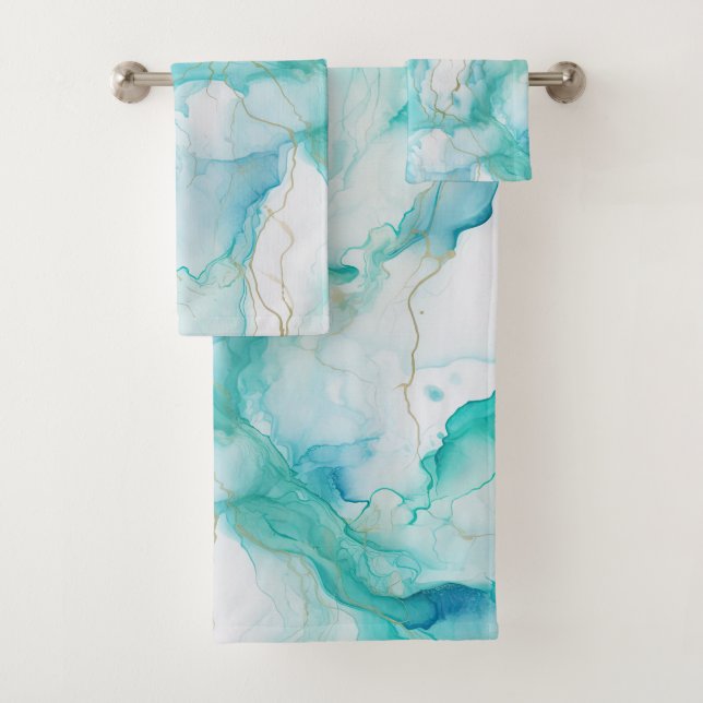Conjunto De Toalhas Mint Aqua Ink Marble (Insitu)