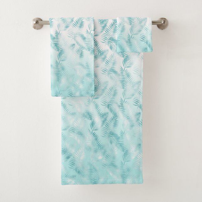 Conjunto De Toalhas Mint Aqua White Folhas Tropicais     (Insitu)