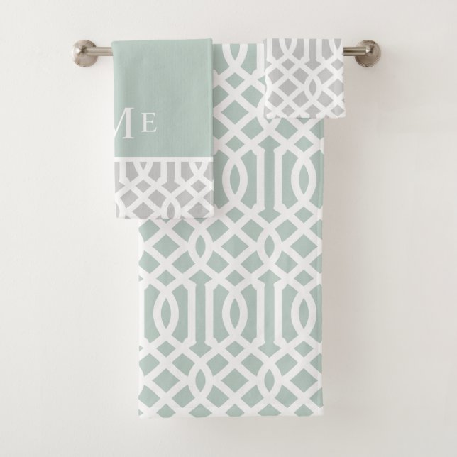 Conjunto De Toalhas Mint e Cinza Trellis Monograma | Cores editáveis (Insitu)