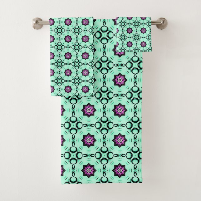 Conjunto De Toalhas Mint green and purple geometric mandala pattern  (Insitu)