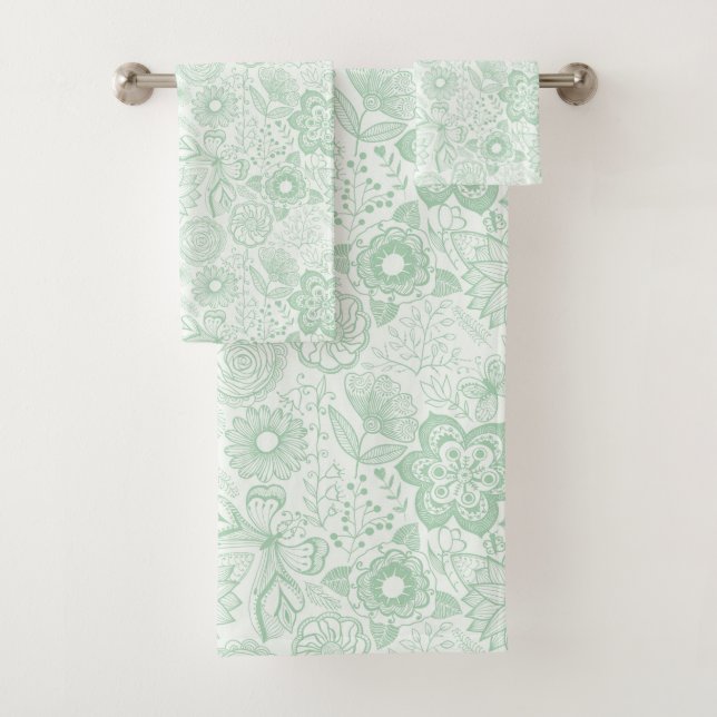 Conjunto De Toalhas Mint-green retro flowers pattern (Insitu)