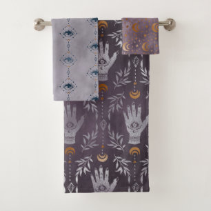Conjunto De Toalhas Mística Lunar Dourada Metálica Roxa