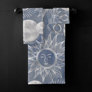 Conjunto De Toalhas Mística Solar   Lua azul-poeirenta Estrelas dourad