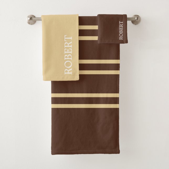 Conjunto De Toalhas modern Beige &Brown Stripes Pattern Custom Name (Insitu)
