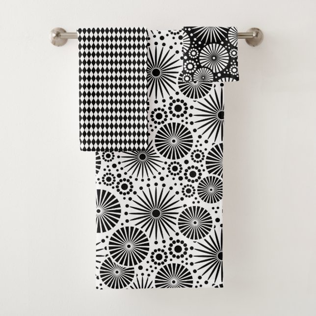 Conjunto De Toalhas Modern Black and White Flowers Starburst Harlequin (Insitu)