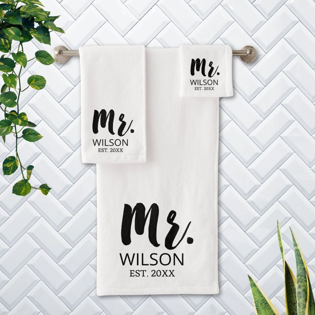 Conjunto De Toalhas Modern Brush Font Casal de Aniversário de Casament (In situ Bathroom wall)