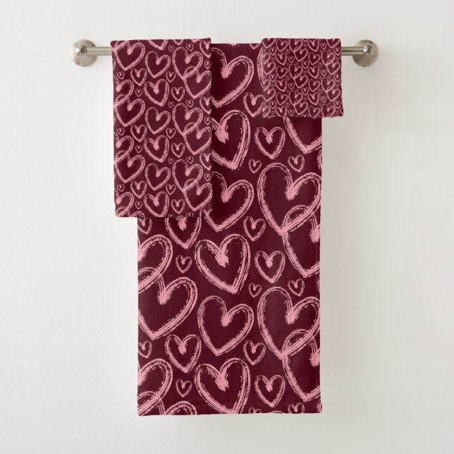 Conjunto De Toalhas Modern Brush Heart Burgundy Pink Pattern (Insitu)