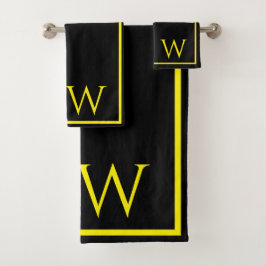 Conjunto De Toalhas Modern Elegant Black Yellow Monogram Script 