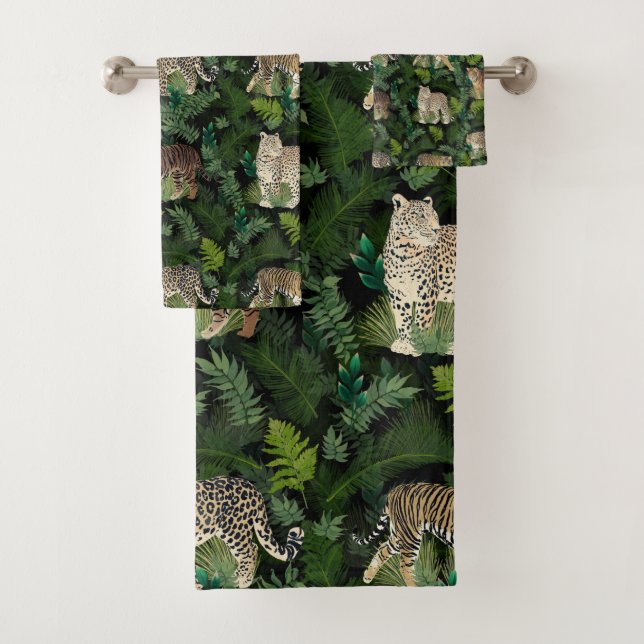 Conjunto De Toalhas Modern Leopards Tigers Jungle Plants Black Design (Insitu)