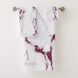 Conjunto De Toalhas Modern Marble Glitter Monograma Burgundy ID816
