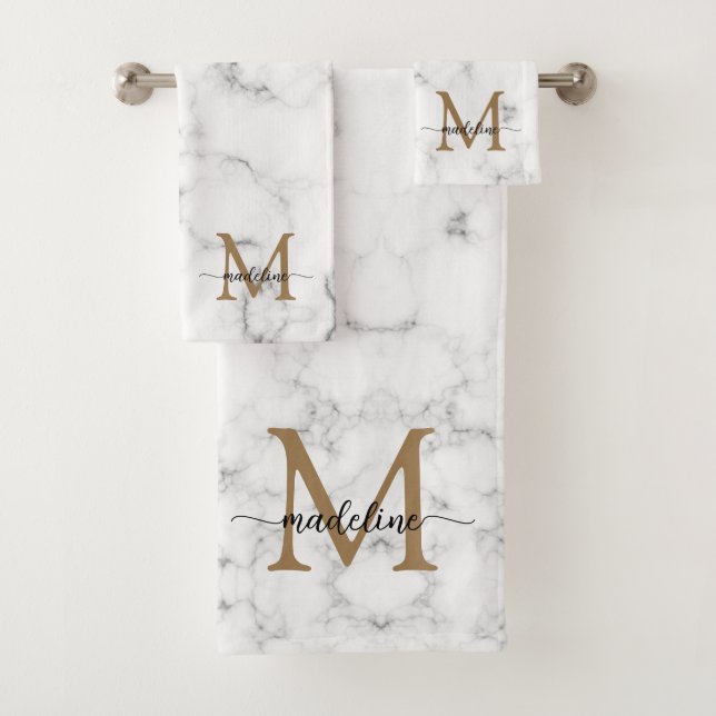 Conjunto De Toalhas Modern Marble Gold Girly Script Monogram (Insitu)