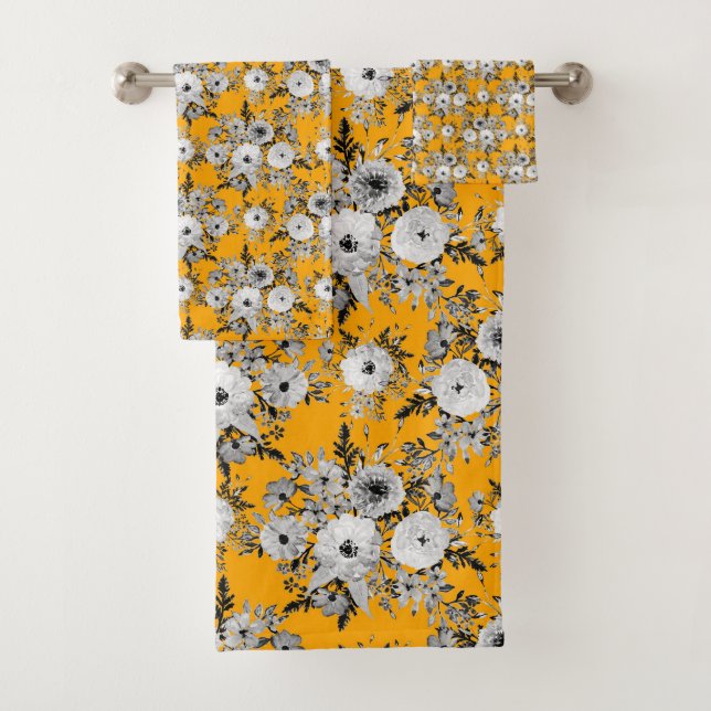 Conjunto De Toalhas Modern Saffron Cinza Branca De Aquarela Floral (Insitu)