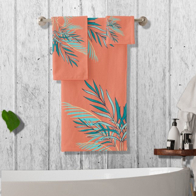 Conjunto De Toalhas Modern Teal Palm Leaves Beach Coral (Criador carregado)