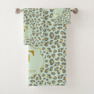 Conjunto De Toalhas Modern Trendy Mint Dourado Leopard Patterno Monogr
