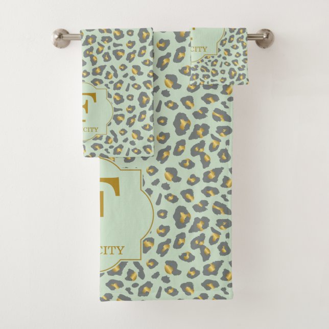 Conjunto De Toalhas Modern Trendy Mint Dourado Leopard Patterno Monogr (Insitu)