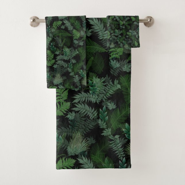 Conjunto De Toalhas Modern tropical green foliage Black pattern (Insitu)