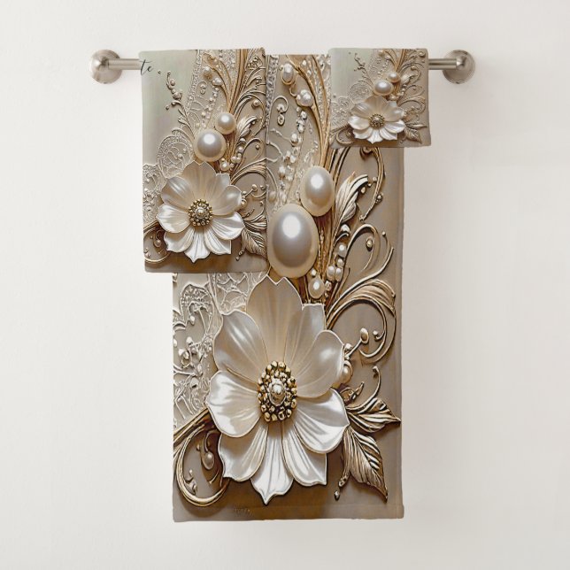 Conjunto De Toalhas Modern White Flowers Pearls Towel Set (Insitu)