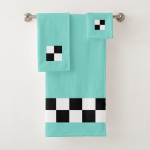 Conjunto De Toalhas Moderno Abstrato Preto e Branco Xadrez em Azul Tur