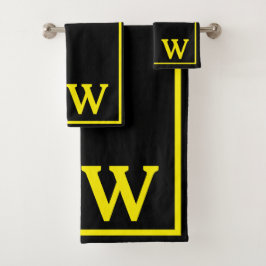 Conjunto De Toalhas Moderno Elegante Preto Amarelo Monograma Script