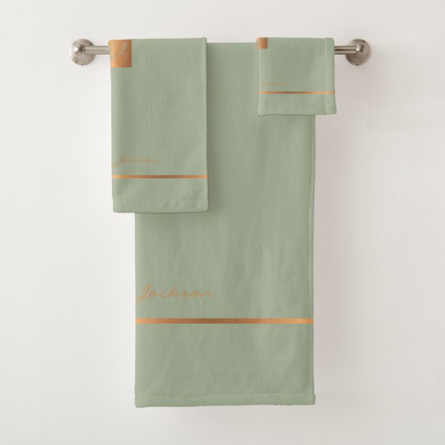 Conjunto De Toalhas Moderno elegante verde chic monograma listras (Insitu)