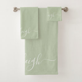 Conjunto De Toalhas Moderno Elegante White Script Name Sage Green