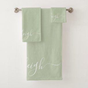 Conjunto De Toalhas Moderno Elegante White Script Name Sage Green