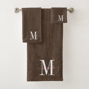 Conjunto De Toalhas Moderno Monograma Faux Linen Dark Brown
