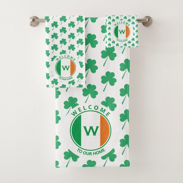 Conjunto De Toalhas Moderno Monograma Nome Irish Flag Shamrock (Insitu)