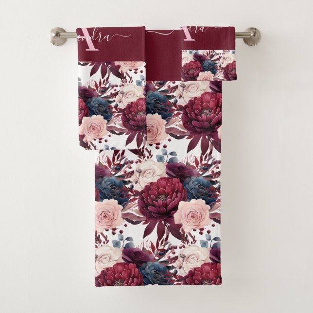 Conjunto De Toalhas Monogram Burgundy & Pink Floral Elegant Towel Set (Insitu)