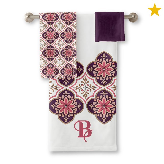 Conjunto De Toalhas Monogram Initial Spanish Tiles Flower Pattern  (Criador carregado)