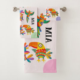 Conjunto De Toalhas Monogram modern colorful birds pink green blue