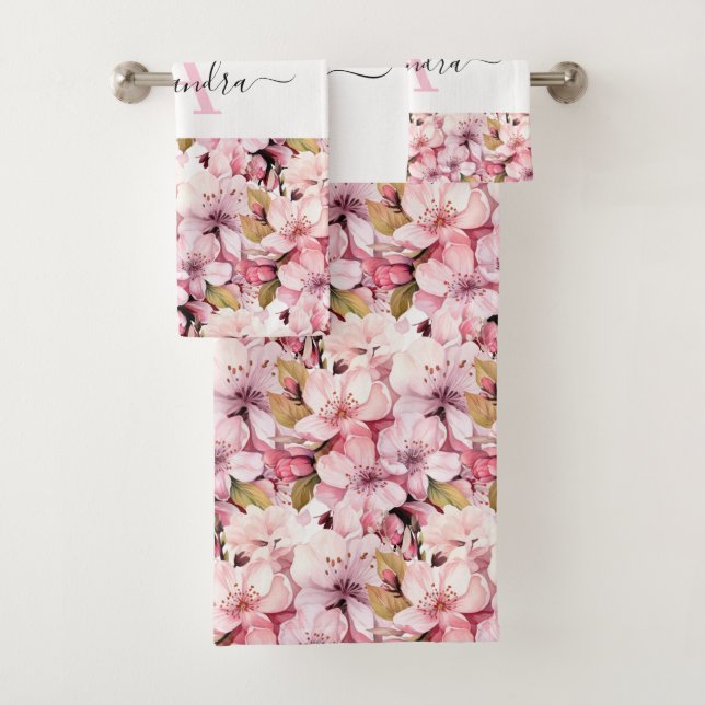 Conjunto De Toalhas Monogram Pink Cherry Blossoms Towel Set (Insitu)