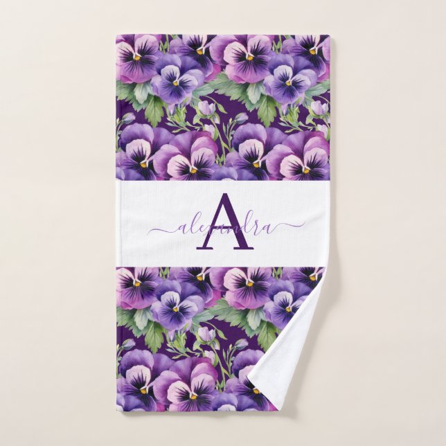 Conjunto De Toalhas Monogram Purple and White Pansy Pansies Towel Set (Toalha de mão)