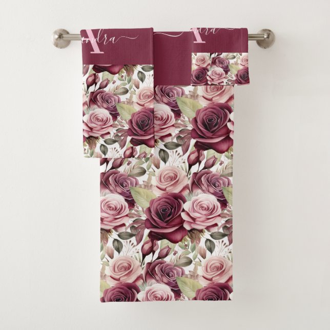 Conjunto De Toalhas Monogram Purple Burgundy Pink Roses Towel Set (Insitu)