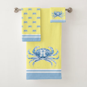 Conjunto De Toalhas Monograma Amarelo n Blue Watercolor Caranguejo Náu