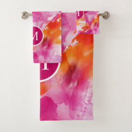 Conjunto De Toalhas Monograma Aquarela Rosa Laranja Abstrato