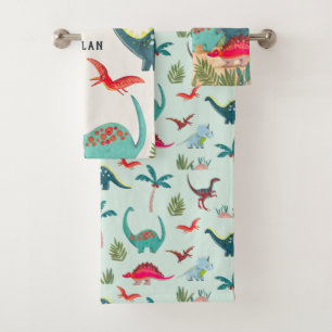 Conjunto De Toalhas Monograma azul do dinossauro com crianças impressã