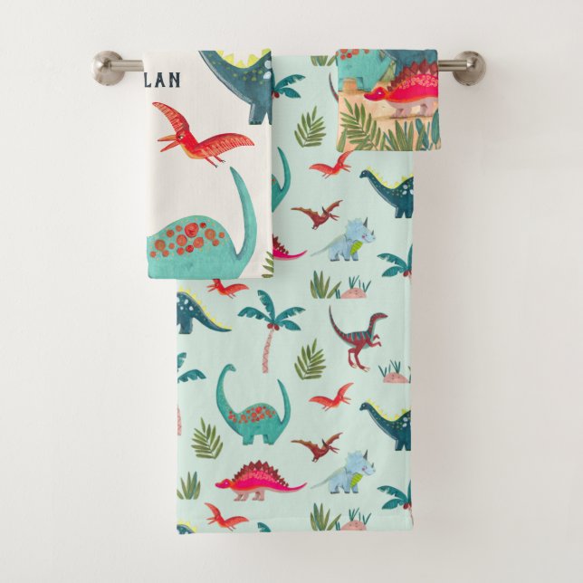 Conjunto De Toalhas Monograma azul do dinossauro com crianças impressã (Insitu)