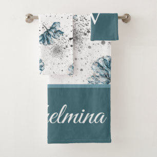Conjunto De Toalhas Monograma azul esverdeado de aço azul esverdeado E